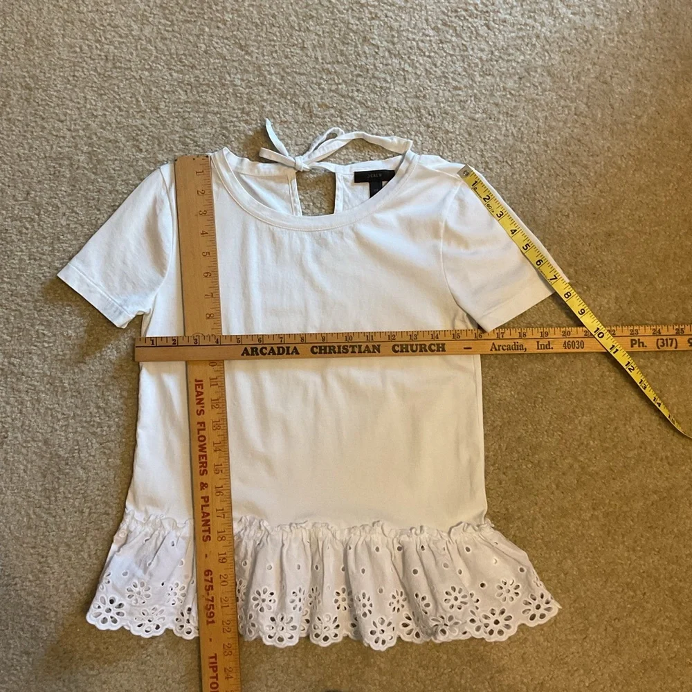J. Crew White Tie-back, Eyelet Ruffle Tee Coquette Preppy Shirt Size XXS.